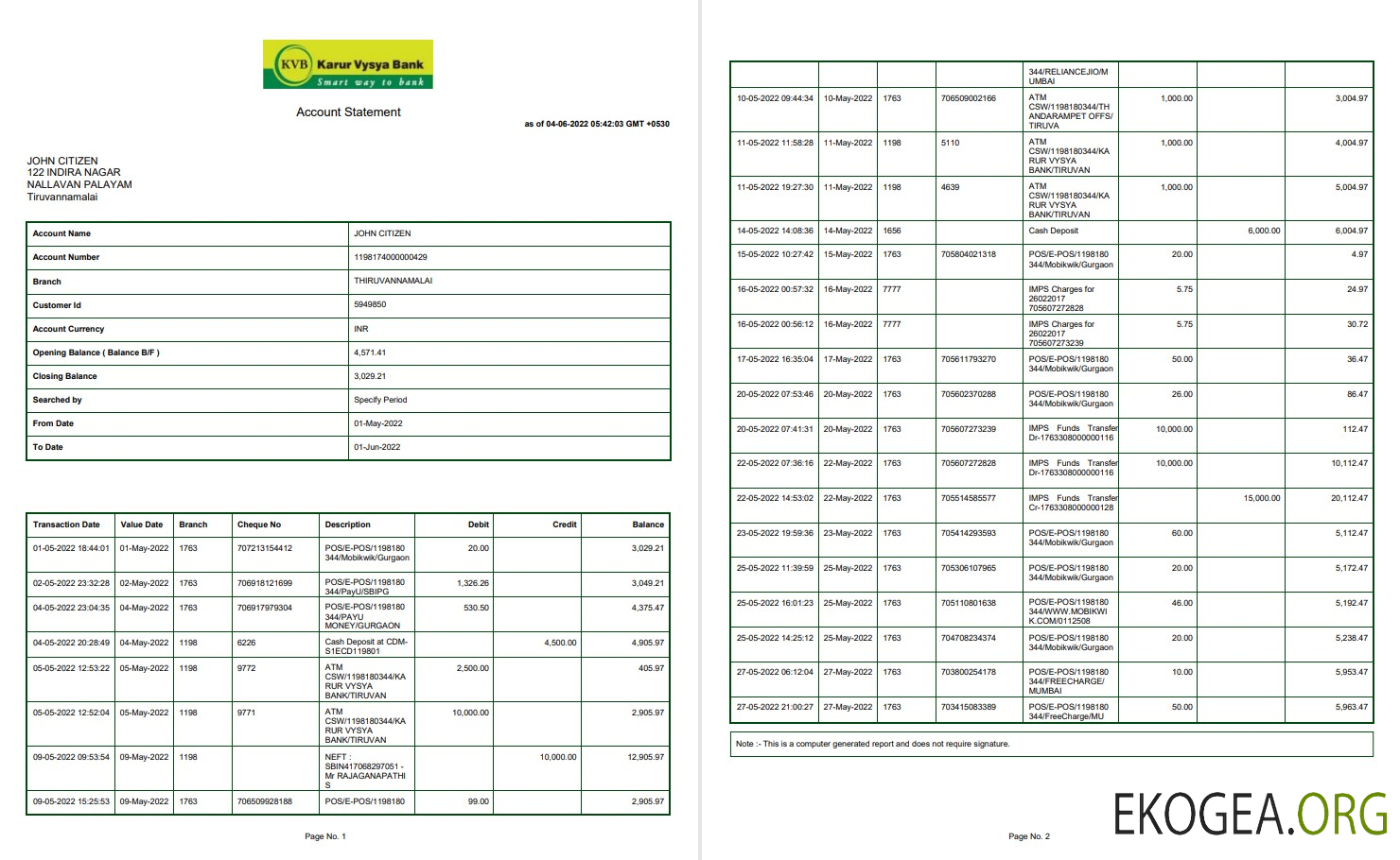 Relevé bancaire Inde KVB 2 pages